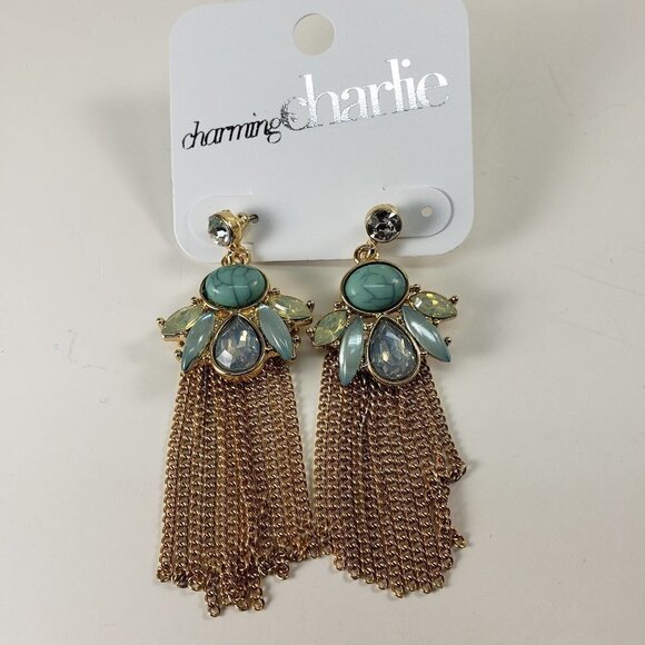 Turquoise & Citrine Crystal Chandelier Earrings – Gold Fringed Sparkling Gem - Picture 5 of 8